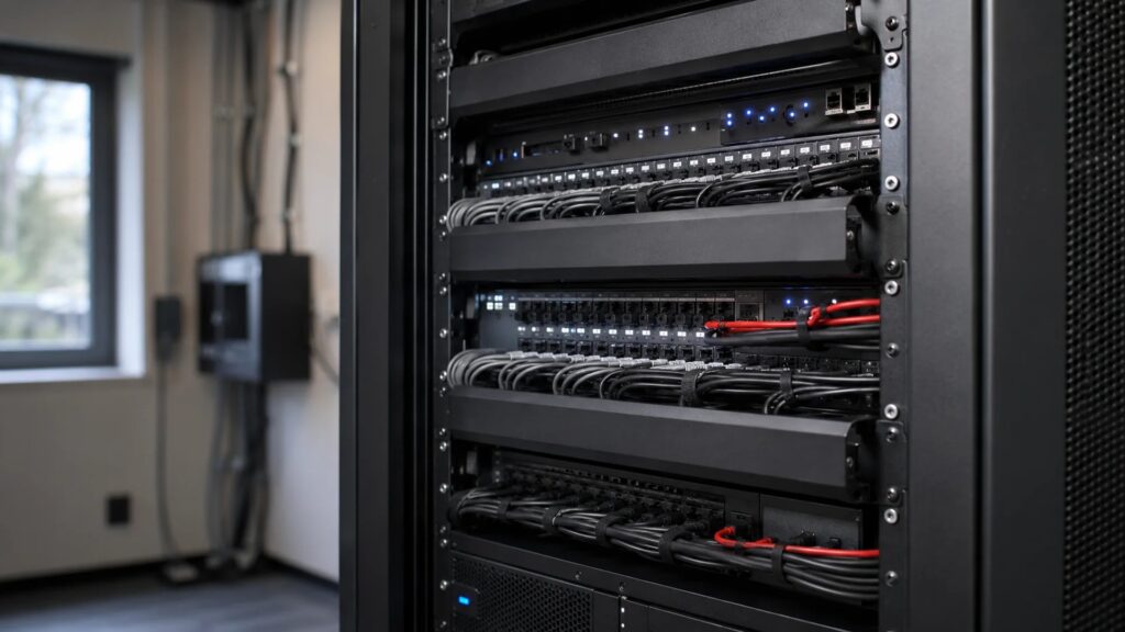 Server room with professional cabling managed by islaNet's IT maintenance team in Mallorca