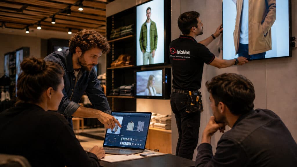Equipo islaNet desplegando digital signage en retail en Mallorca
